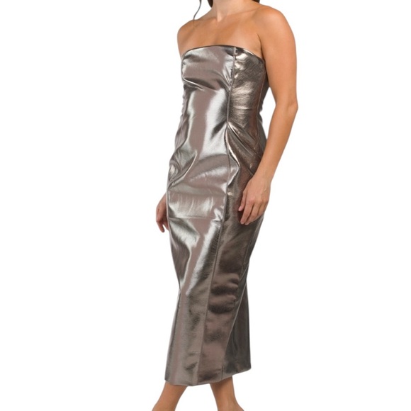 7 FOR ALL MANKIND Sexy Metallic Bustier Midi Faux Leather Strapless Party Dress - Picture 3 of 7